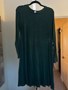 Old Navy Dark Green Cotton Swing Midi Dress, Long Sleeve - Medium